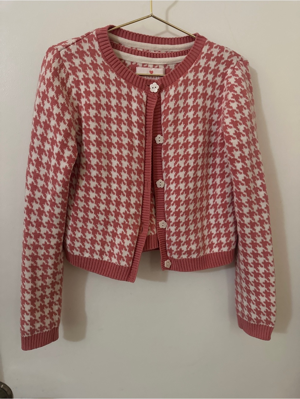 Lulurain Pink Houndstooth 2-Piece Knit Set Cardigan & Sweater Vest Size US 7/8